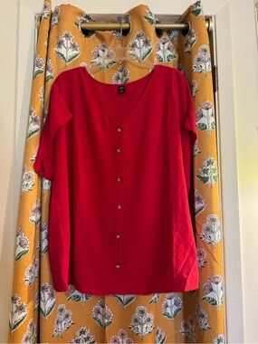 SHEIN Red Button-Front V-Neck Blouse
